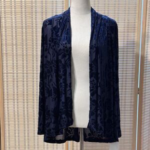 $149 New Oleg Cassini Sz 8 Burnout Velvet Open Front Cardigan Navy Blue Holiday